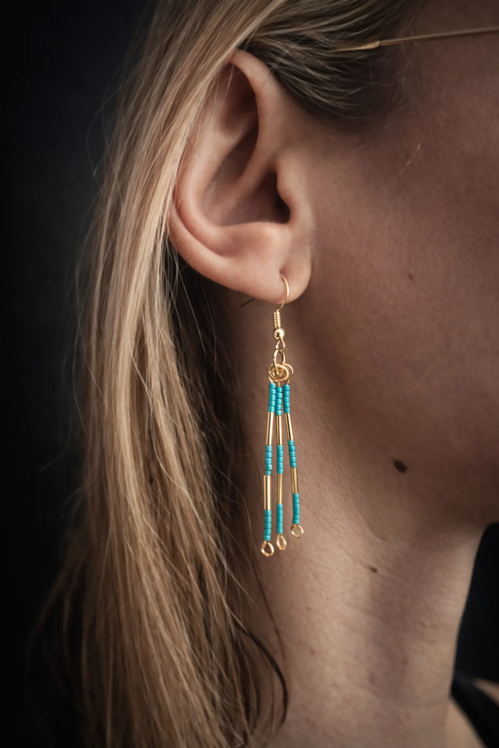 Line Rhythm Earrings – Turquise- Gold - Image 3